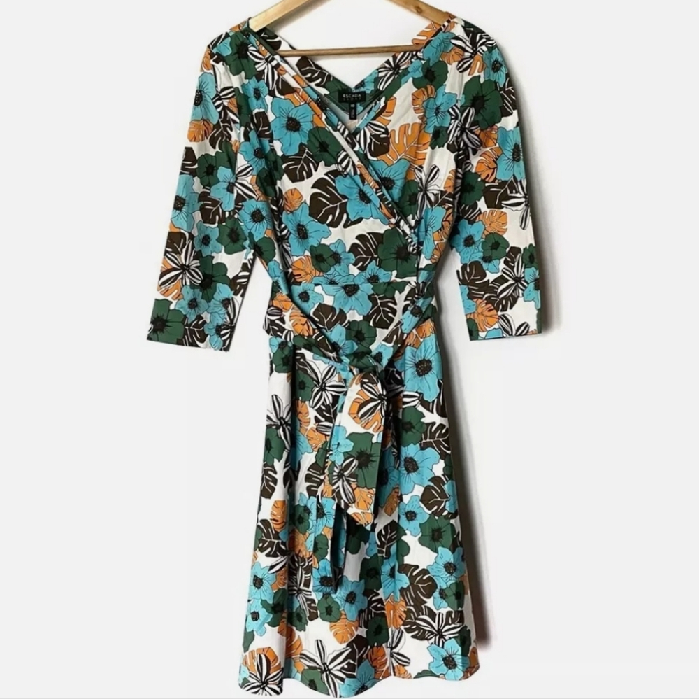Escada Sport Floral Monstera Print Belted A Line Dress Size 44 US 14 Blue/Orange